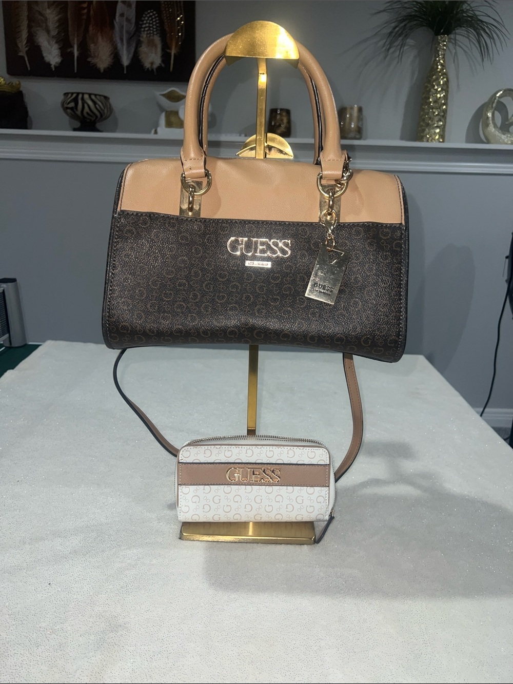 Guess Muze Logo Box Satchel with matching Brooker Logo Zip-Around Wallet.